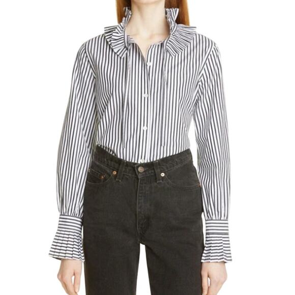 ALEX MILL XS Aurora Ruffled Striped Cotton Poplin Shirt In Black White - Picture 1 of 8